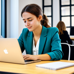 The Aspiring Entrepreneur**

A young woman in a brightly lit, modern co-working space in Madrid, working on a laptop. She is wearing a stylish, yet modest, business casual outfit - perhaps a blazer over a blouse and tailored trousers. The background shows other people collaborating and brainstorming. Focus on capturing a sense of energy, ambition, and creativity. Safe for work, appropriate content, fully clothed, professional, perfect anatomy, correct proportions, natural pose, high-quality render, well-formed hands, proper finger count.

**