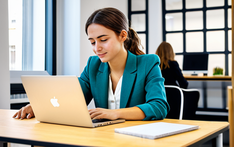 The Aspiring Entrepreneur**

A young woman in a brightly lit, modern co-working space in Madrid, working on a laptop. She is wearing a stylish, yet modest, business casual outfit - perhaps a blazer over a blouse and tailored trousers. The background shows other people collaborating and brainstorming. Focus on capturing a sense of energy, ambition, and creativity. Safe for work, appropriate content, fully clothed, professional, perfect anatomy, correct proportions, natural pose, high-quality render, well-formed hands, proper finger count.

**