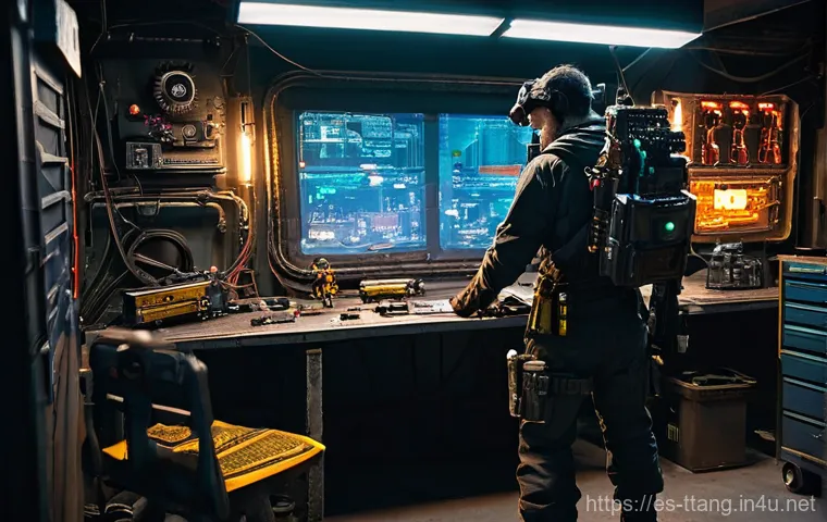 탕탕특공대 장비 업그레이드 가이드 - **Strategic Fusion at the Workbench**
    A lone survivor, gender-neutral, wearing a rugged, layered...