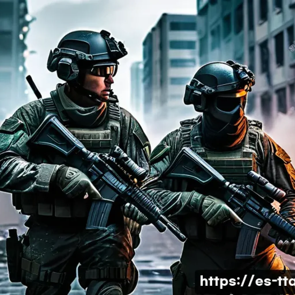 탕탕특공대 접속 방법 및 팁 - A dynamic scene of a diverse team of special forces soldiers in tactical gear, engaged in a high-sta...