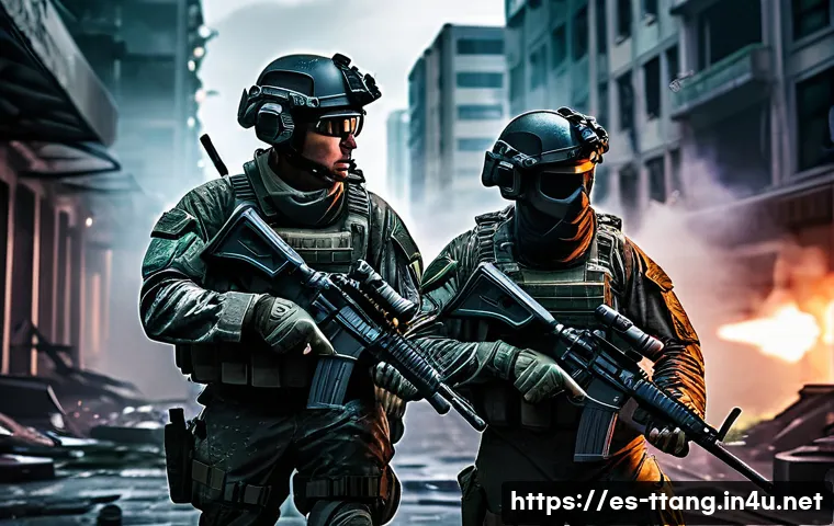 탕탕특공대 접속 방법 및 팁 - A dynamic scene of a diverse team of special forces soldiers in tactical gear, engaged in a high-sta...