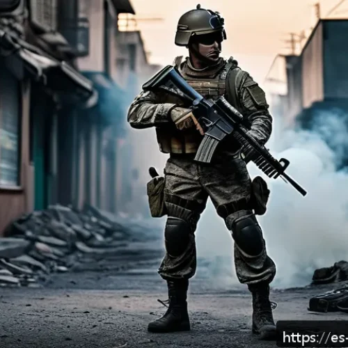 탕탕특공대 신규 플레이어 추천 아이템 - A highly detailed scene of a tactical soldier in full combat gear preparing for a mission in an urba...
