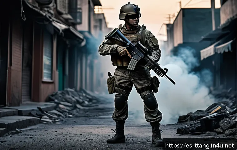 탕탕특공대 신규 플레이어 추천 아이템 - A highly detailed scene of a tactical soldier in full combat gear preparing for a mission in an urba...