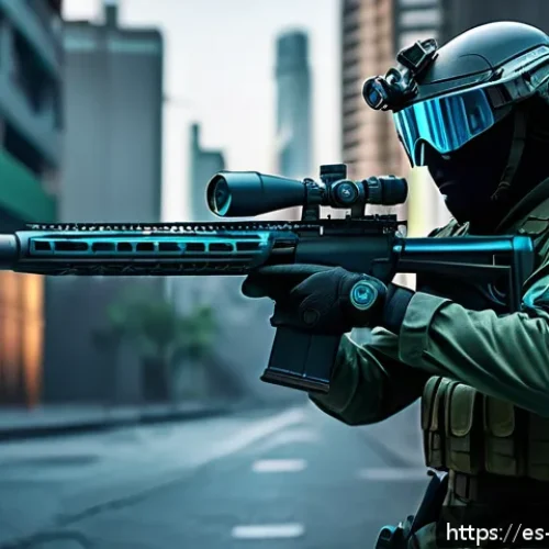 탕탕특공대 최강 무기 추천 - A futuristic soldier wearing advanced tactical gear with integrated smart aiming systems, holding a ...