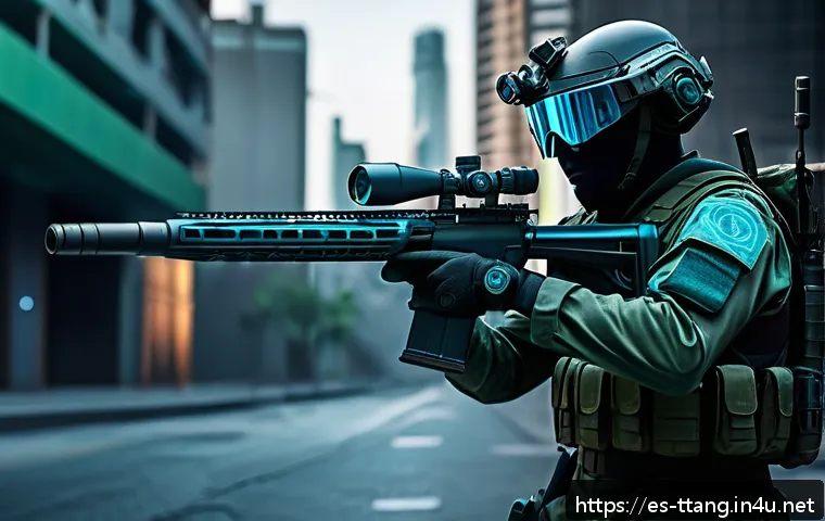 탕탕특공대 최강 무기 추천 - A futuristic soldier wearing advanced tactical gear with integrated smart aiming systems, holding a ...