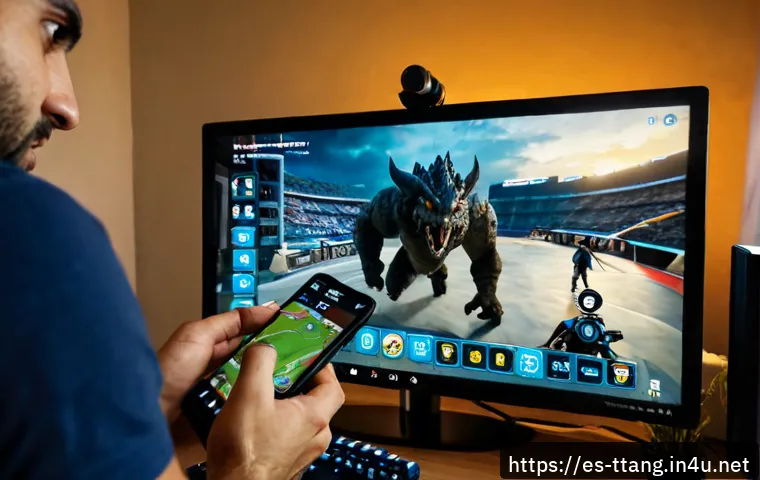 탕탕특공대 보스 등장 시간표 - Photorealistic over-the-shoulder view of a Spanish mobile gamer at a tidy apartment desk in Madrid, ...