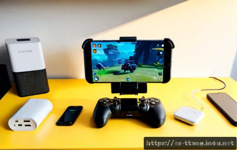 탕탕특공대 보조 장비의 중요성 - Photorealistic overhead gaming desk scene in a bright modern apartment in Madrid, a smartphone displ...